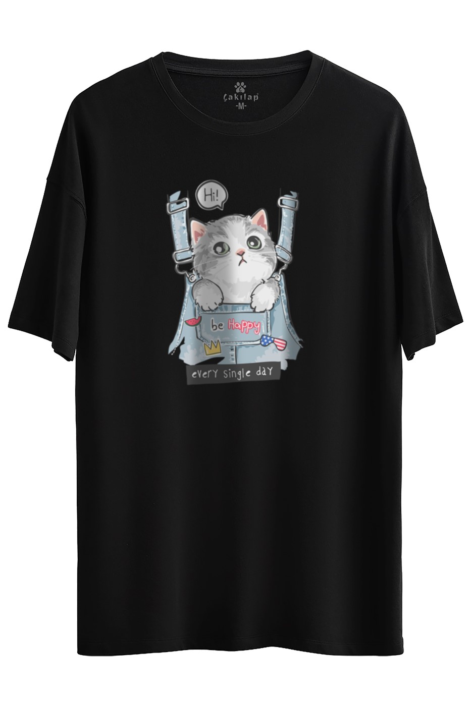 Kedi Baskılı Oversize Tişört