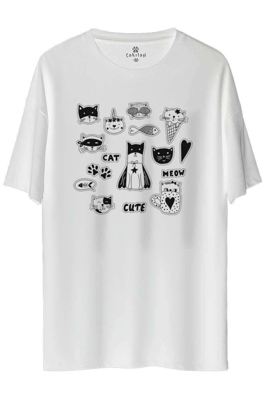 Kedi Baskılı Oversize Tişört