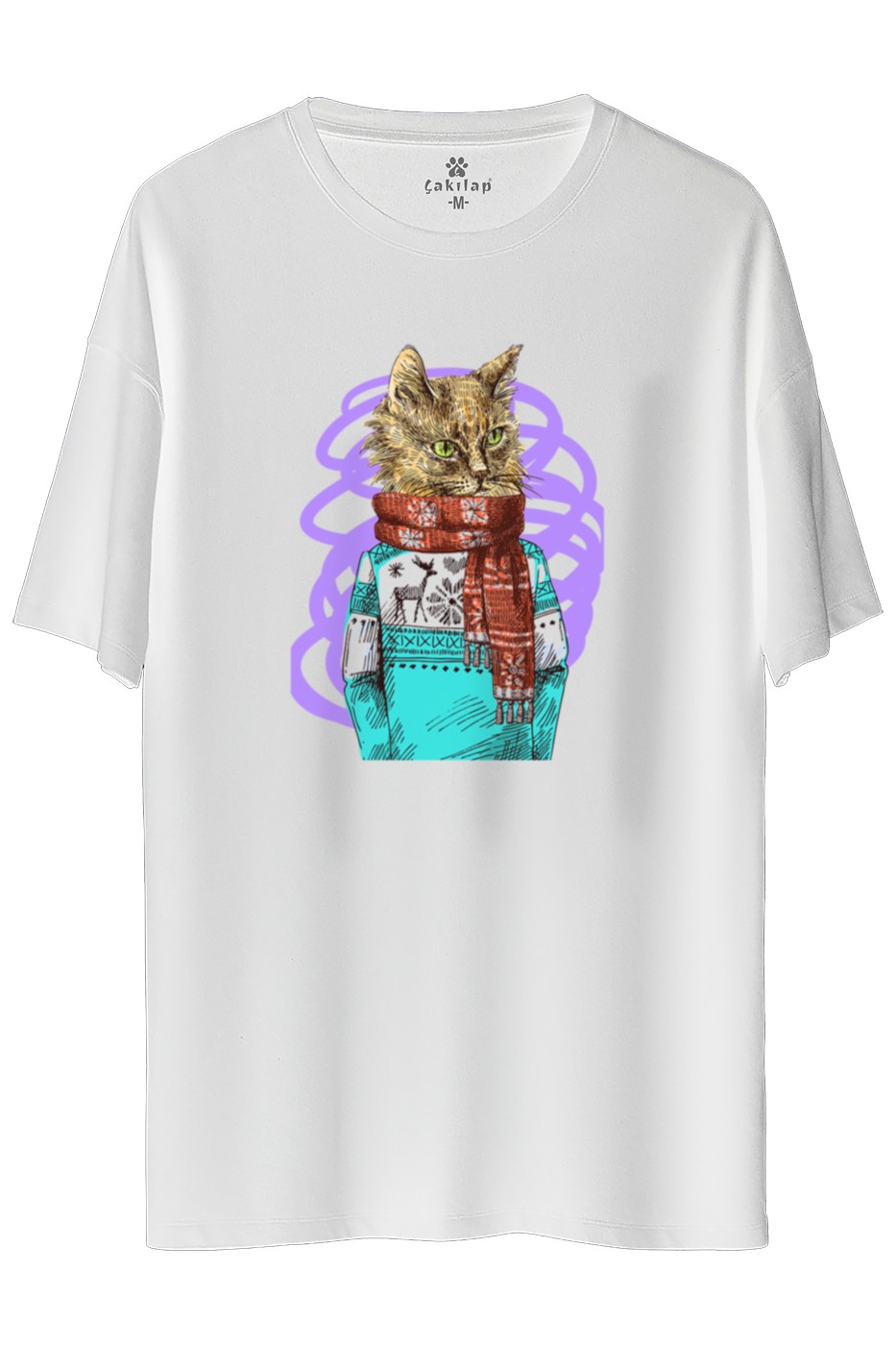 Kedi Baskılı Oversize Tişört