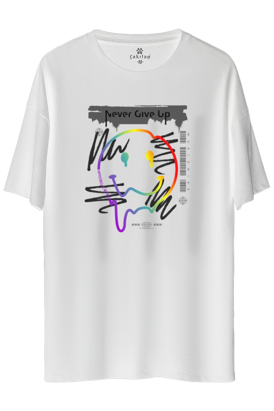 Never Give Up Baskılı Oversize Tişört